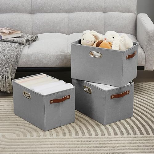 Miniatura 5 de Paquete de 3 contenedores plegables grandes de tela con asas duraderas de poliuretano y metal, cestas de almacenamiento plegables para estantes,