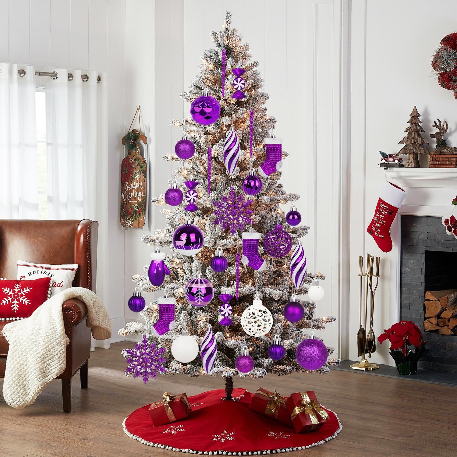 Artmag Juego de 135 adornos de bolas de Navidad, preatadas, de plástico inastillable, surtidas, para colgar en el árbol de Navidad, festivales, fiestas, decoración de vacaciones (morado)