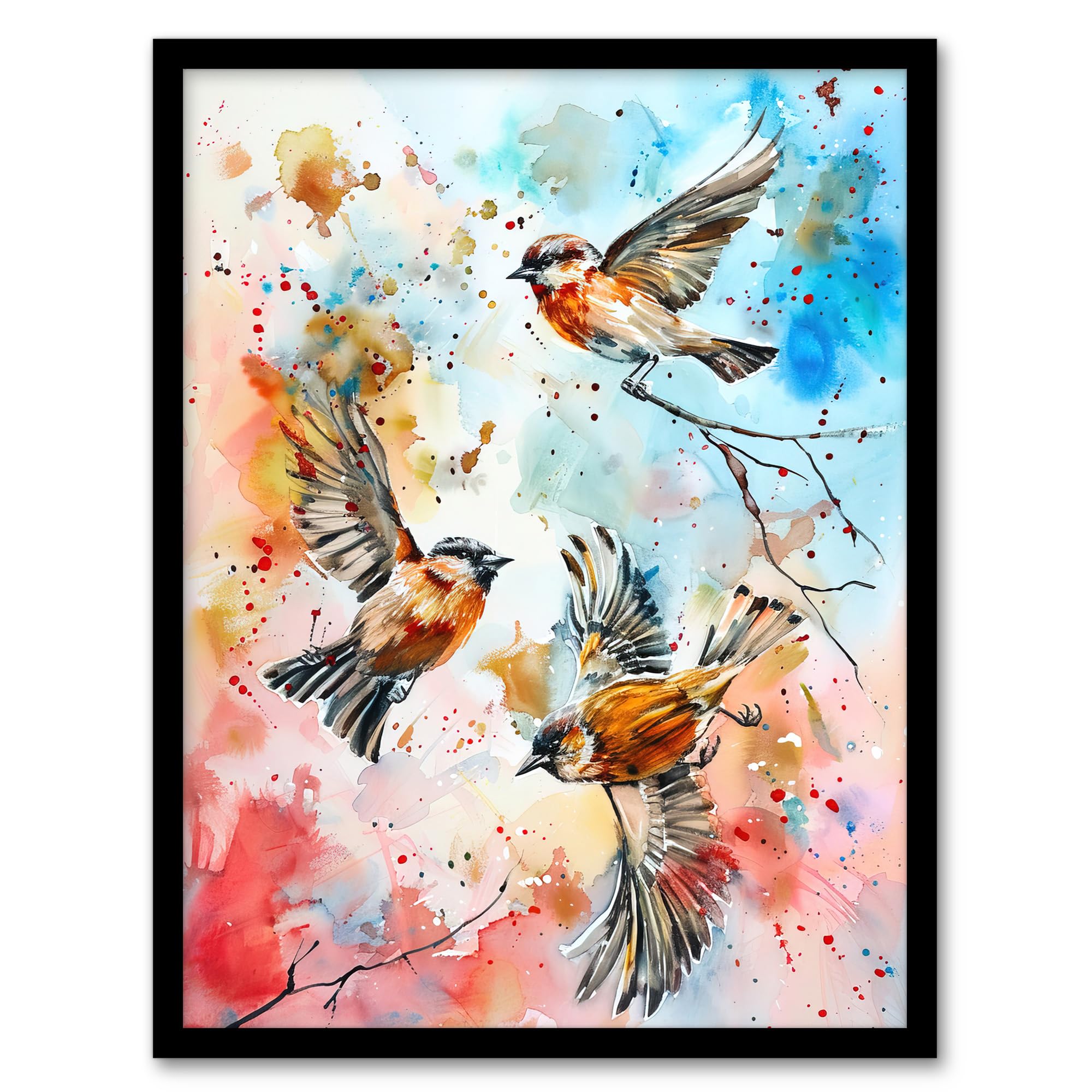 Artery8 Three Birds in Flight Watercolour Painting - Framed Art Print - Blue - A4
