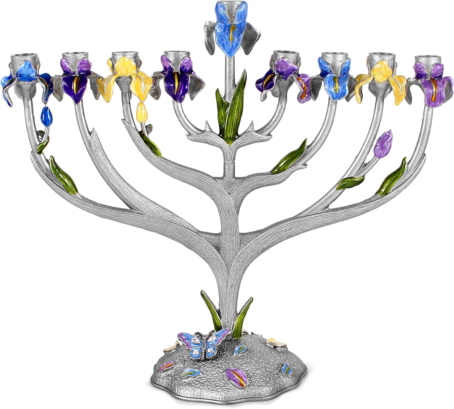 Zion Judaica Artistic Iris Flower Menorah with Intricate Details Unique Floral Hanukkiah Fits Standard Chanukah Candles 7.5" Alloy Zinc Minorah Hand Painted Botanical Hanukkah Candleholder Gift Boxed