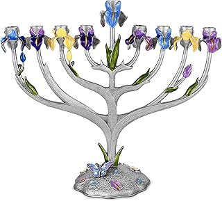 Zion Judaica Artistic Iris Flower Menorah with Intricate Details Unique Floral Hanukkiah Fits Standard Chanukah Candles 7.5" Alloy Zinc Minorah Hand Painted Botanical Hanukkah Candleholder Gift Boxed