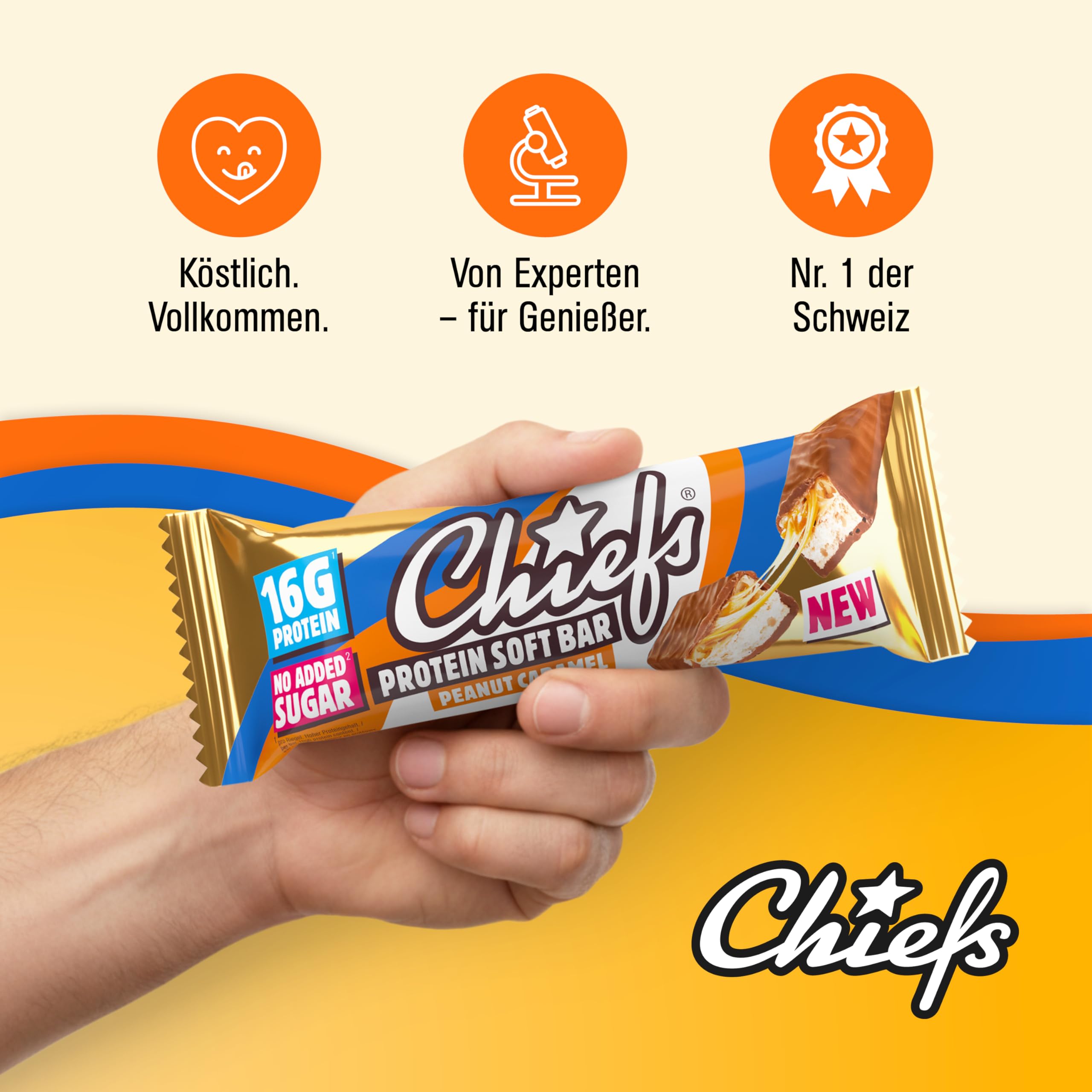 CHIEFS Soft Protein Riegel - 15er Box, High Protein Bar - Ohne Zuckerzusatz & kein Palmöl - Peanut Karamell - Fitness Snack - 15x55gr Eiweißriegel