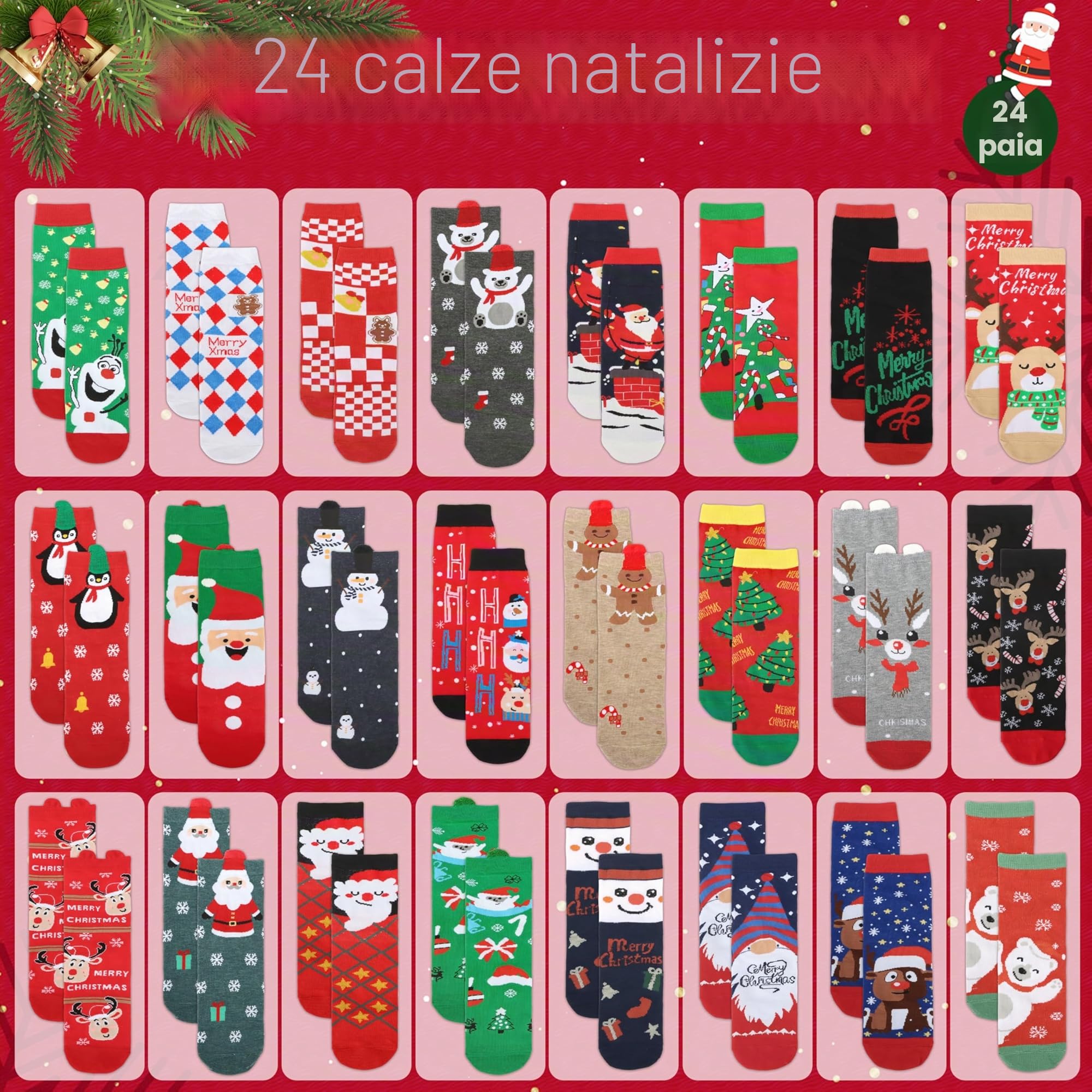 MOMOSTAR Calendario Avvento Donna 2025, 24 Paia Calzini Natalizi, Calendario dell'Avvento 2025, Cotone Calze Natale con Renne Babbo Natale, Regali Natale per Adulti Donna Uomo