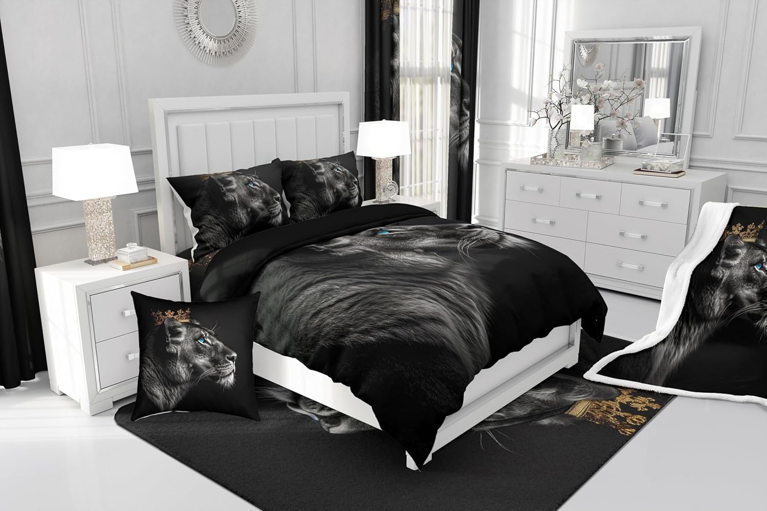 Feelyou Lion Pillow Case Cushion Cover Boys Girls Gold Queen Crown Print Throw Pillow Covers 22"x22" Set of 2 Soft for Safari Print Decorative Throw Pillowcase for Sofa Wild Animal Black Cushion Case