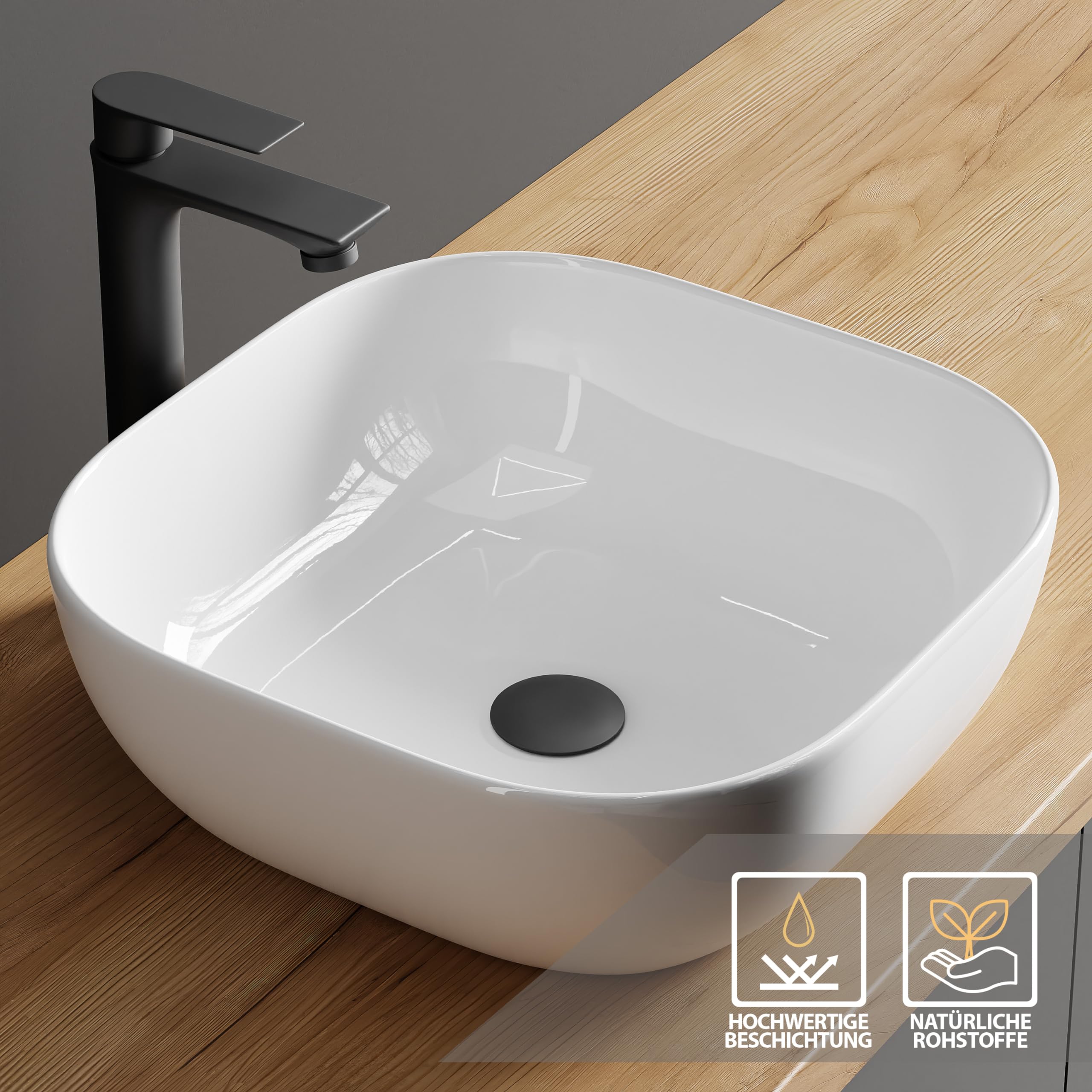 Planetmöbel Aquil Deluxe umywalka Square | Umywalka nablatowa do łazienki i WC dla gości | Umywalka do ręcznego spłukiwania bez otworu na baterię i przelewu | biała, 42,5 x 42,5 x14 cm