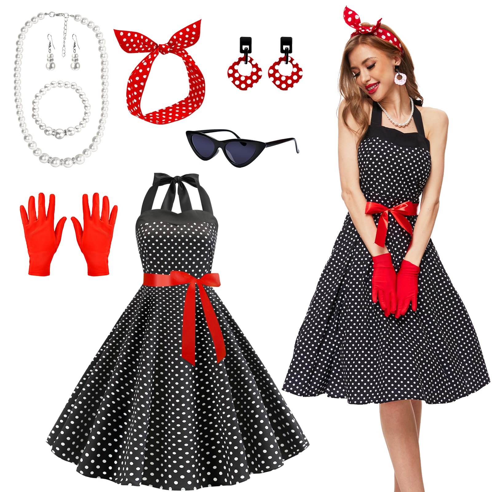 JONRRYIN Vestito Anni 50 Donna, Rockabilly Accessori Anni 50 Donna, Abito Gonna Anni 50 Donna, Vintage Costume Anni 50 Donna con Occhiali, Earrings, Guanti, Collana per Carnevale