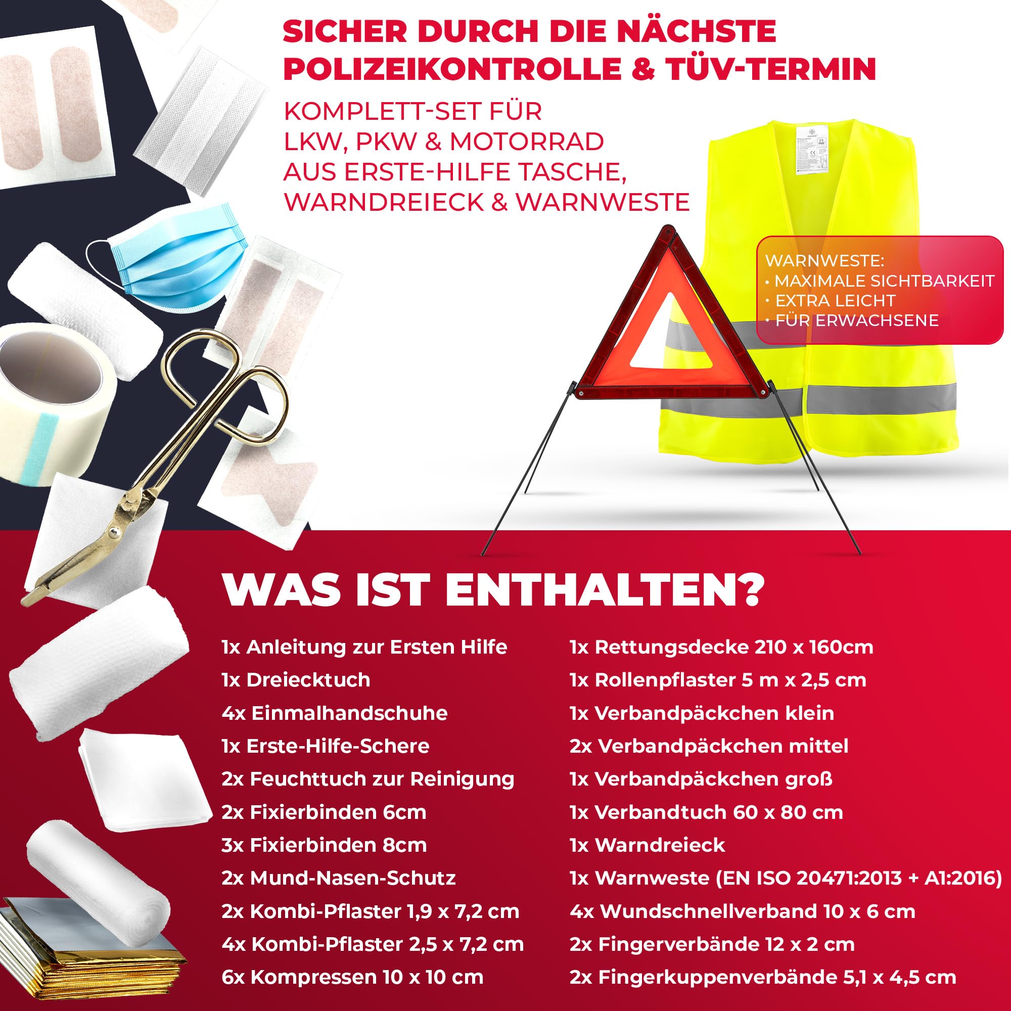 Smart-Planet Trousse de premiers secours pour voiture - 47 pièces - Conforme à la norme allemande StVO - Utilisable dans toute l'Europe - Sac combiné - Triangle de signalisation