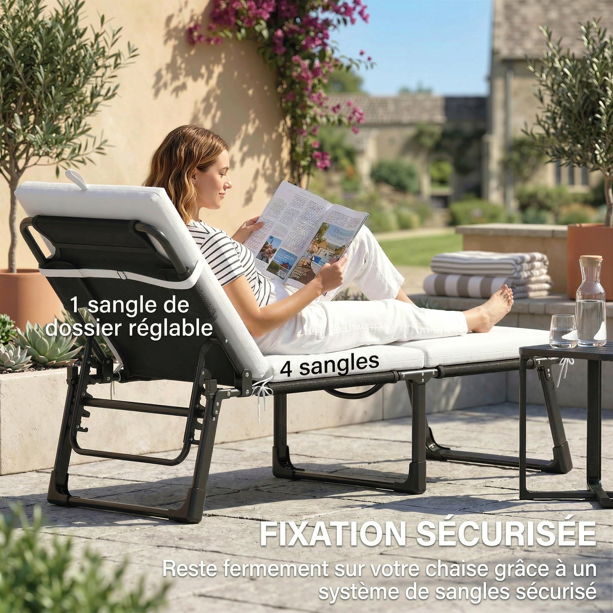 Outsunny Lot de 2 Coussins de Chaise Longue avec 5 Sangles et Poignée Intégrée, Coussin Bain de Soleil Déperlant Extérieur pour Plage Balcon Jardin, 182x53x6cm, Gris Clair