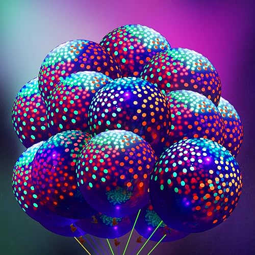 Miniatura 4 de Sumind 50 globos de neón que brillan en la oscuridad, globos fluorescentes reactivos de lunares, globos de fiesta de luz negra, globos de látex neón