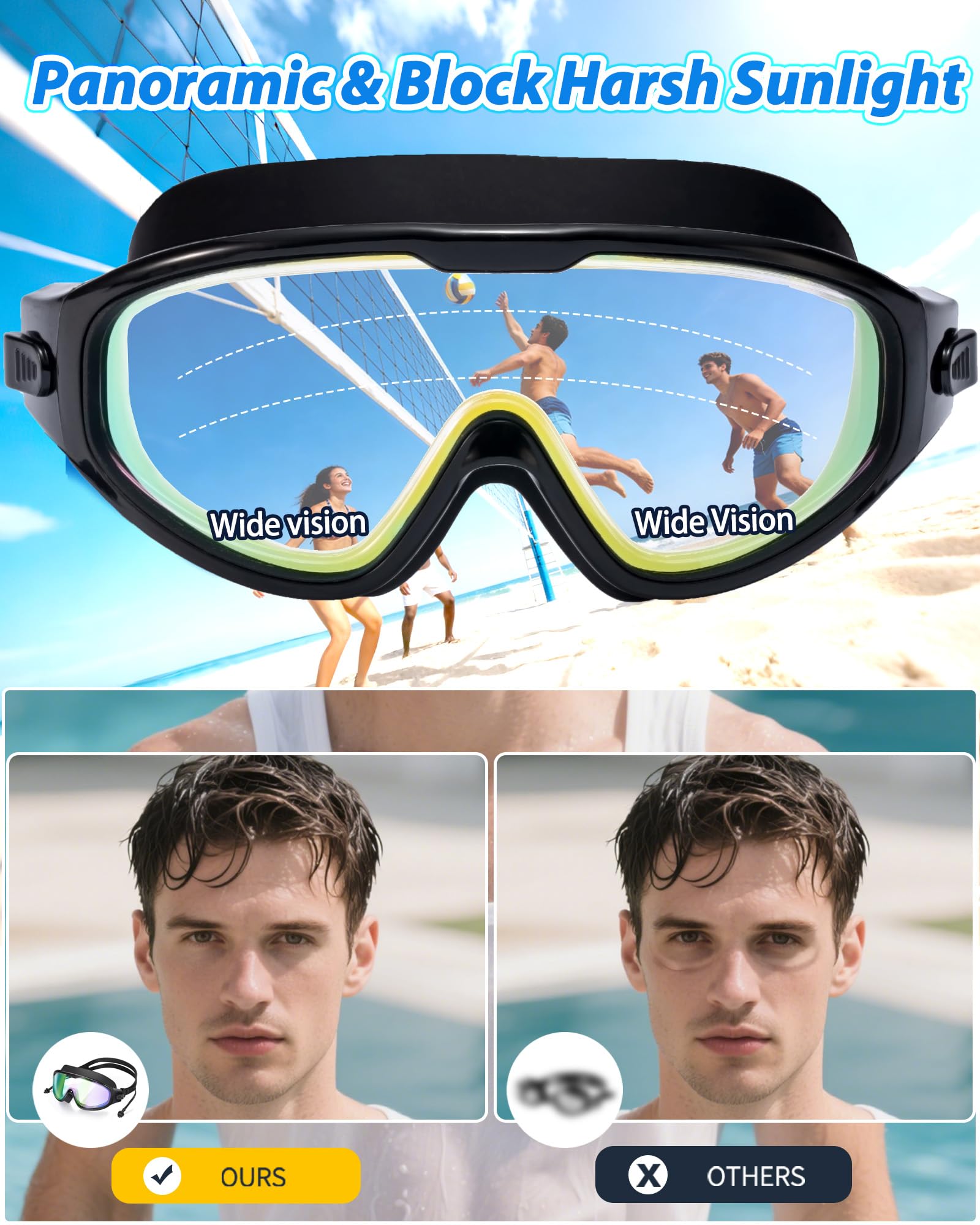 Schwimmbrille für Erwachsene, auslaufsicher, Anti-Beschlag-Schwimmbrille, Weitsicht, Schwimmbrille mit Ohrstöpseln und Nasenklammer