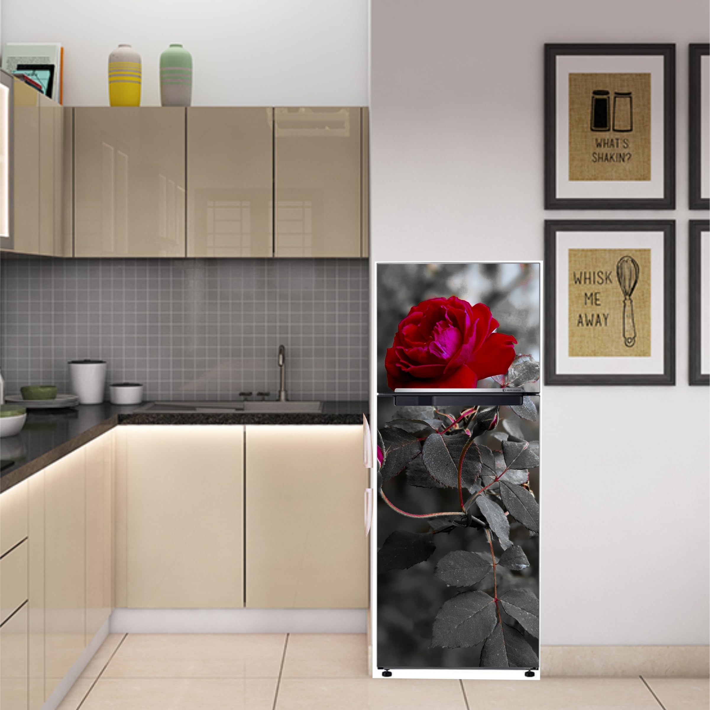 DECOR PLUS DECAL Modern Red Rose Botanical Fridge Door Sticker, Black and White Fridge Door Sticker, Vinyl, 60 x 152 cm, Self-Adhesive, Gloss Finish, Indoor Decor, Rectangular 2