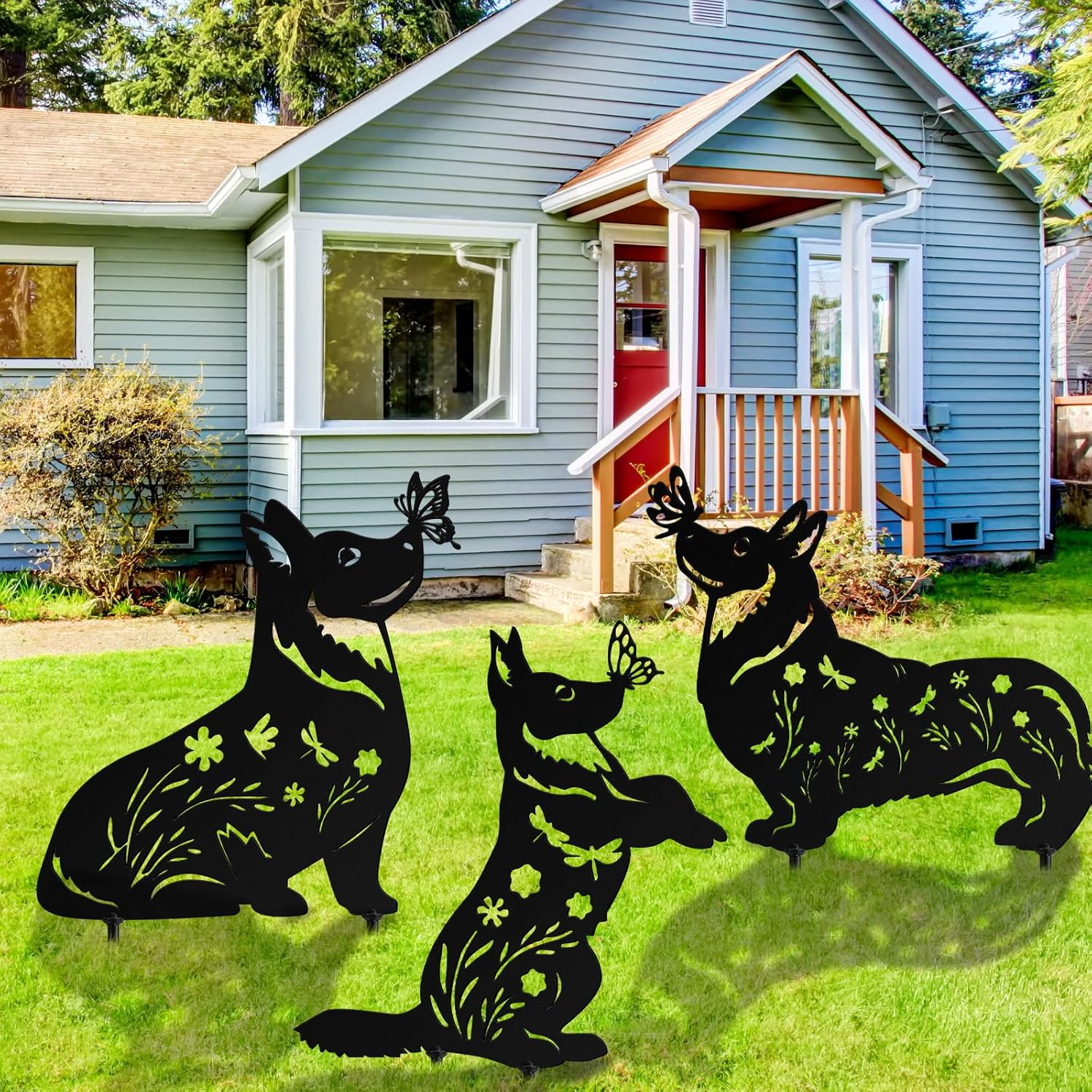 MorningRo 3 Pcs Corgi Metal Dog Garden Decor for Outside 12" Corgi Puppy Garden Stake Black Silhouette Statues Outdoor Decoration Women Men Dog Lovers Spring Patio Lawn Yard Art