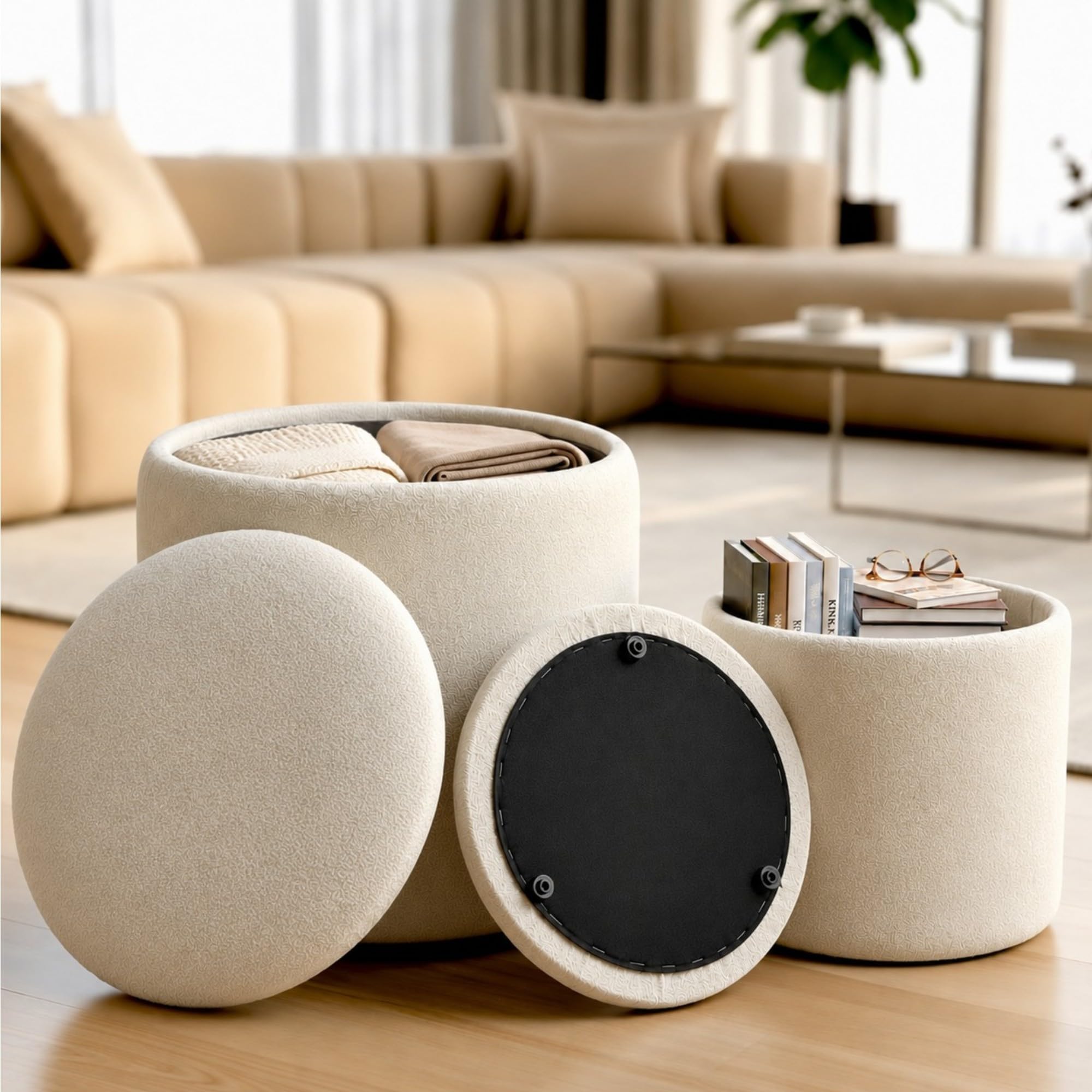 Storage Ottoman Set of 2 | Ivory Luxury Boucle Fabric | 17 & 14 inch Height | Ottoman Stool Set For Living Room | Classy Fabric | Storage Pouffe | Footstool & Footrest | Multipurpose Storage Furniture-image-29