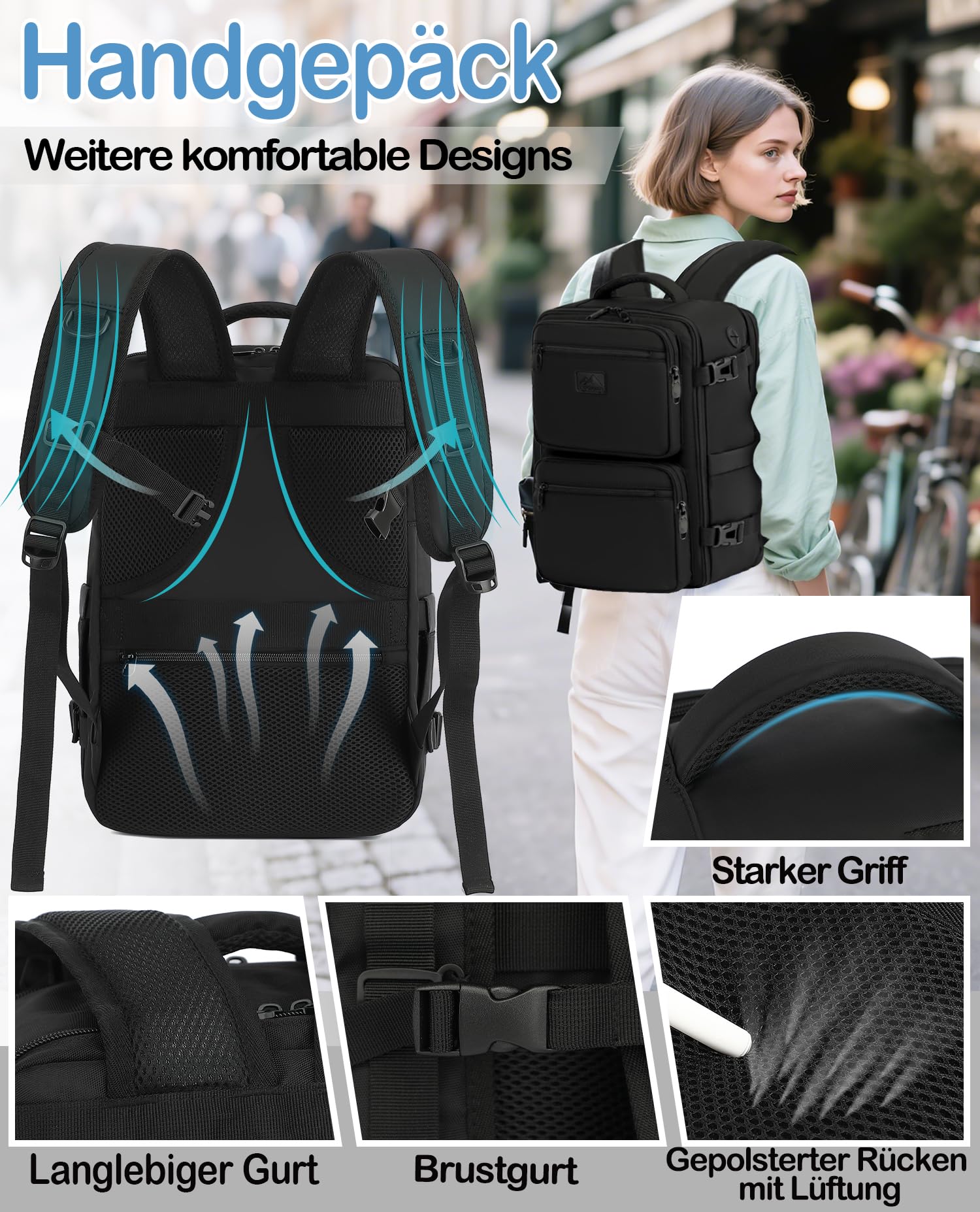 Rucksack Easyjet Handgepäck 45x36x20 Klein Handgepäck Flugzeug Schwarz Reiserucksack 30L Backpack mit 15.6 Zoll Laptop Rucksack Eurowings für Herren Damen (Schwarz,M)