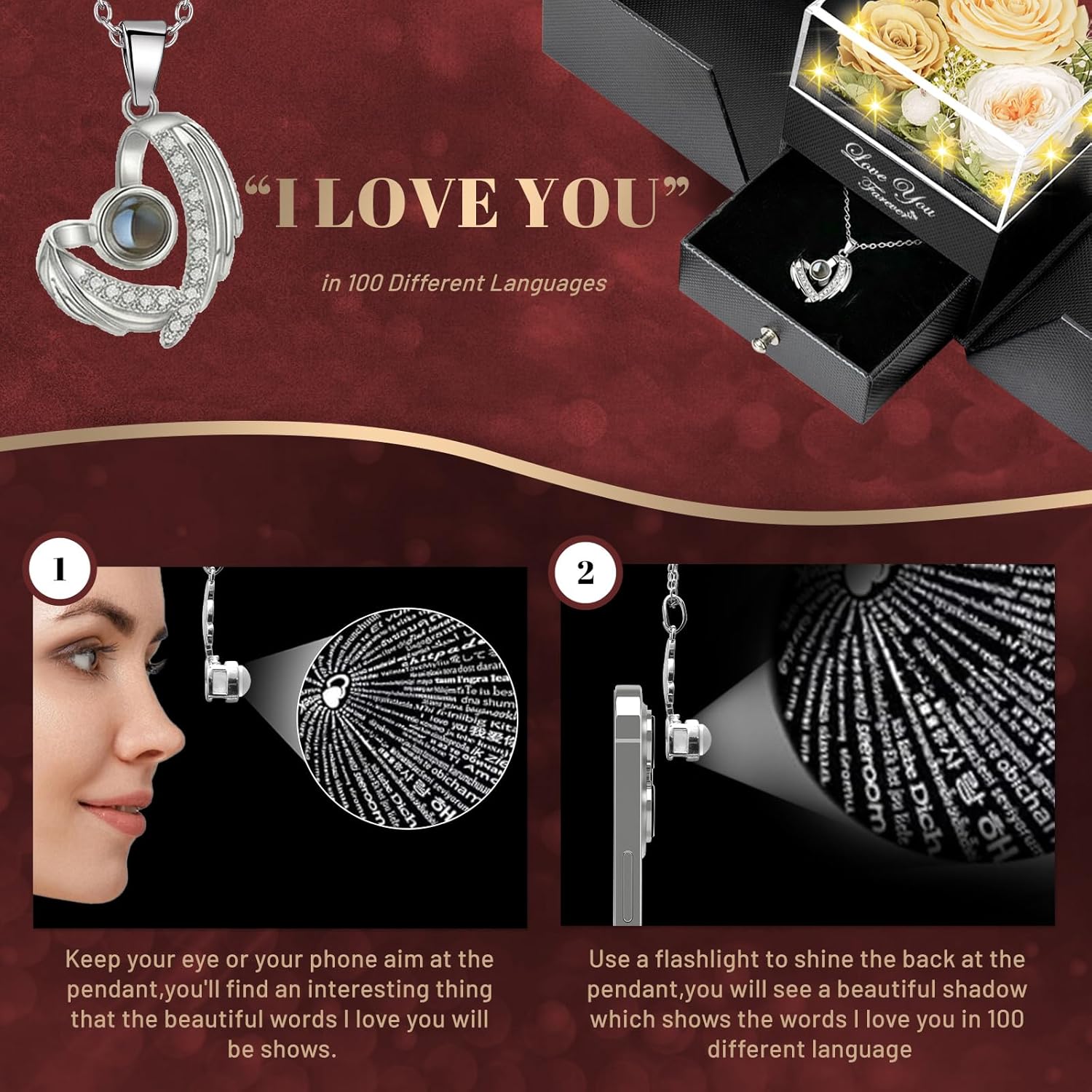 DRTINA Preserved Three Real Champagne Rose with I Love You Angel Wings Necklace-Eternal Flowers Birthday Gifts for Women Wife Mom Girlfriend Grandma on Mothers Day Valentines Anniversary Christmas