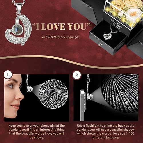 Miniatura 3 de DRTINA Collar de tres rosas champán reales preservadas con alas de ángel "I Love You", flores eternas, regalos de cumpleaños para mujeres, esposa