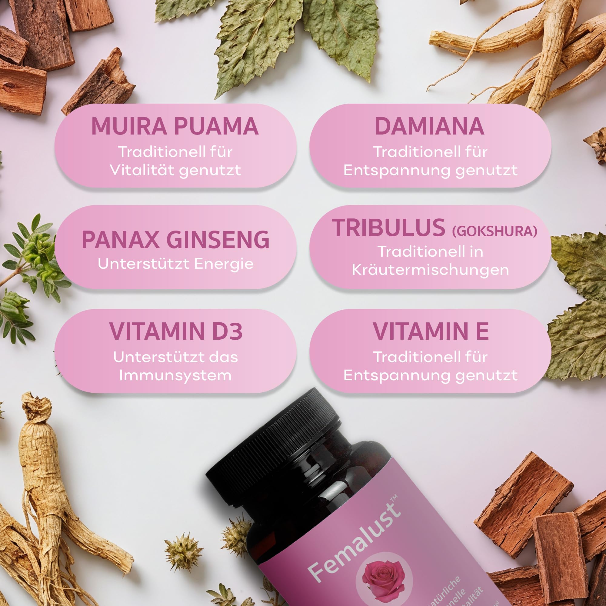 Femalust™ für weibliche Vitalität, Östrogen & Leidenschaft –Damiana, Panax ginseng,Muira Puama, Gokshura (Tribulus Terrestris), Vitamin D3, Vitamin E - Vegetarisch, gluten & laktosefrei - 60 Kapseln