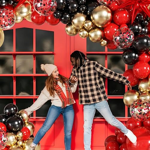 Miniatura 7 de Kit de arco de guirnalda de globos dorados rojos y negros, 140 globos de confeti de oro metálico rojo y negro con estrellas para cumpleaños, boda,