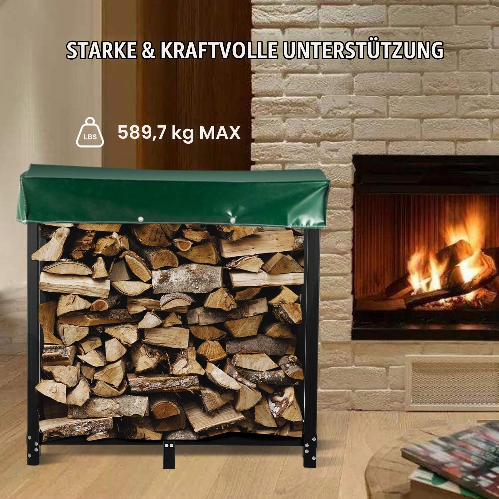 VEVOR Metall Kaminholzregal 590 kg Haltekapazität, Brennholzregal 183,5x36,2x122 cm, Kaminholzunterstand mit PVC Abdeckung(183,5x36,2x27,5 cm), Kaminholzhalter Schwarz, Stapelhilfe für Brennholz Außen