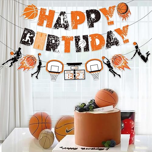 Miniatura 6 de SUNBEAUTY Banderines de Feliz Cumpleaños de Baloncesto, Decoraciones Temáticas de Fiesta de Baloncesto, Suministros Temático de Fiesta de