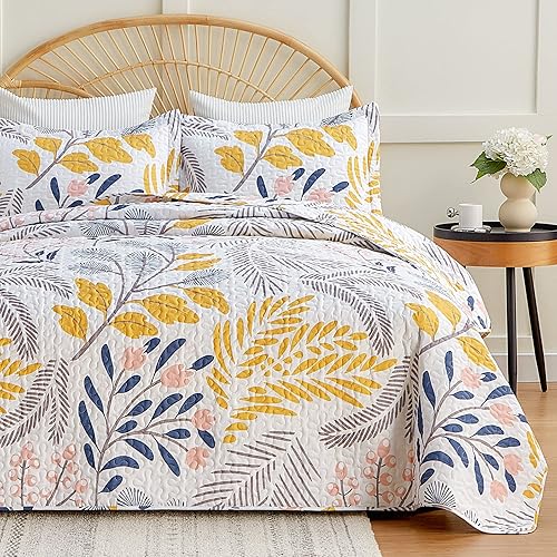 EXQ Home Quilt Set Full Queen Size Print 3 Piece,Lightweight Soft Coverlet Modern Style Colored Leaves Pattern Bedspread Set(1 Quilt,2 Pillow Shams)
