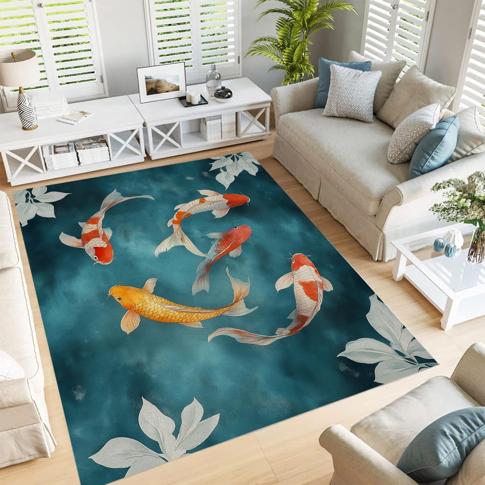Tapis doux chambre et salon carpe koi aquarelle lavable, 140x200cm
