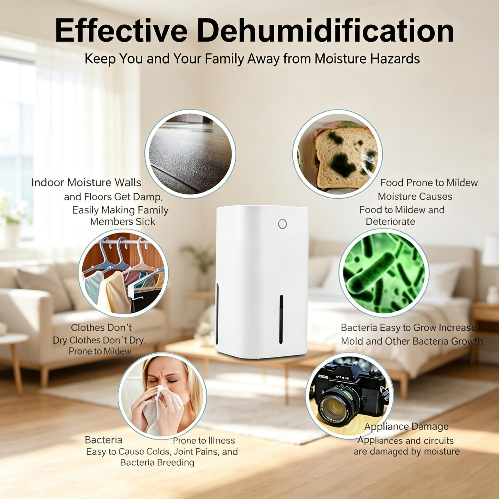 Mini deumidificatore da 850 ml, 22 W a basso consumo energetico, semiconduttore quotidiano, luce notturna integrata, spegnimento automatico, < 36 dB silenzioso, ideale per camera da letto e guardaroba
