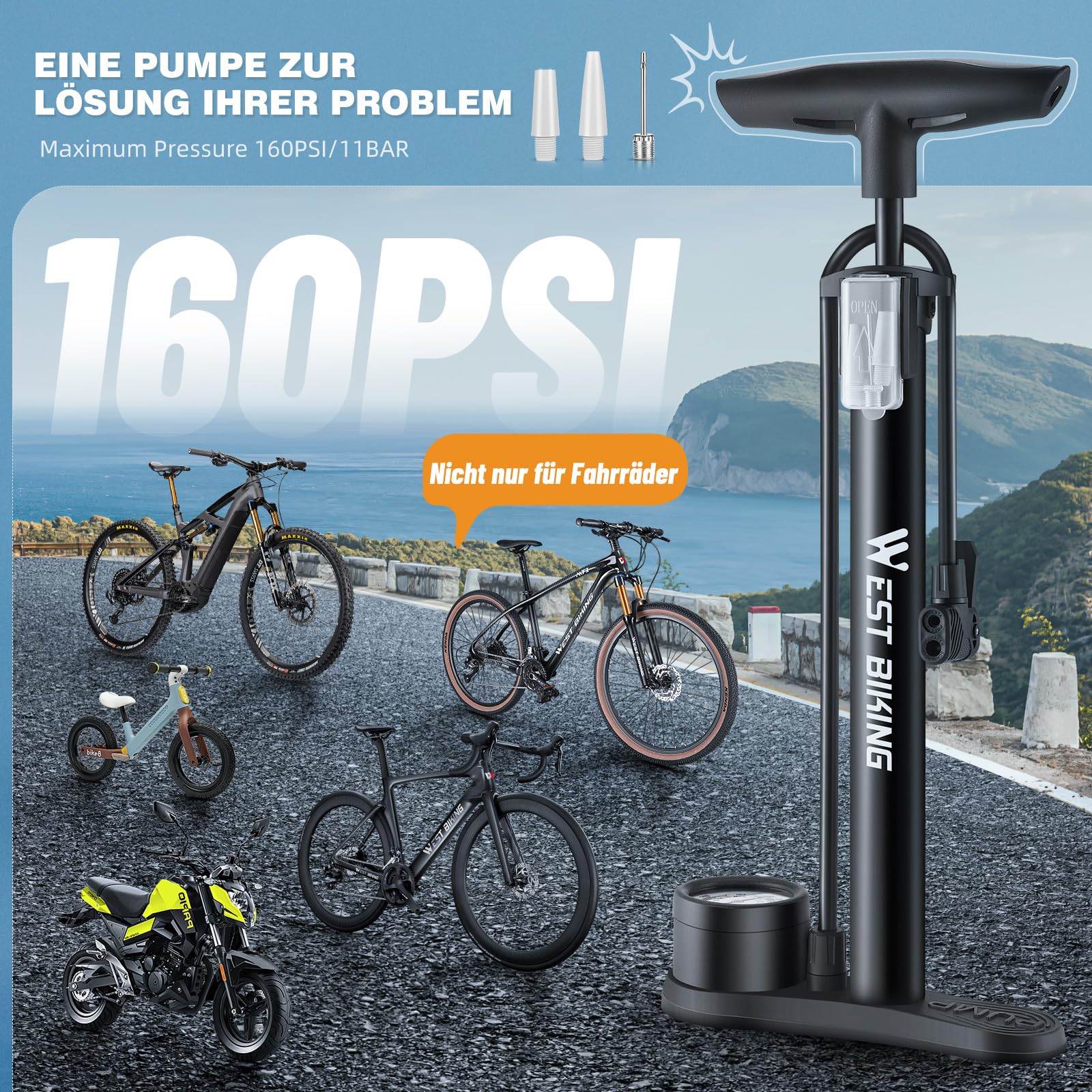 Pompka rowerowa z manometrem, 160 psi/11 barów, wysoka wydajność postojowa pompka rowerowa, wszystkie zawory do rowerów wyścigowych, rowerów elektrycznych, rowerów górskich