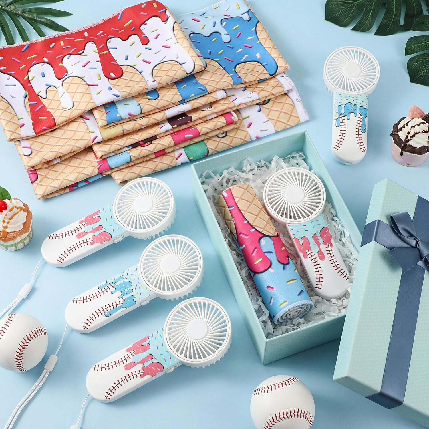 24 Pcs Sport Gifts, Includes 12 Pcs Cooling Towels 40"x12" Workout Towels, 12 Portable Fan Mini Handheld Fan for Team Gift Sport Party Favors, Battery Not Include (Baseball Ice Cream,Colorful)