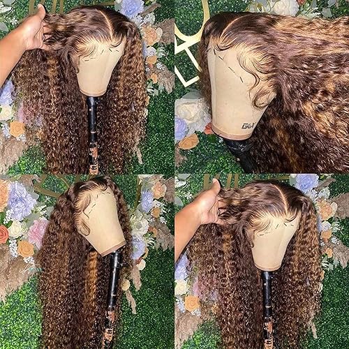 Miniatura 6 de Daules Peluca de encaje frontal transparente HD de 30 pulgadas con reflejos de 13 x 4, cabello humano húmedo y ondulado, color rubio miel ombré,