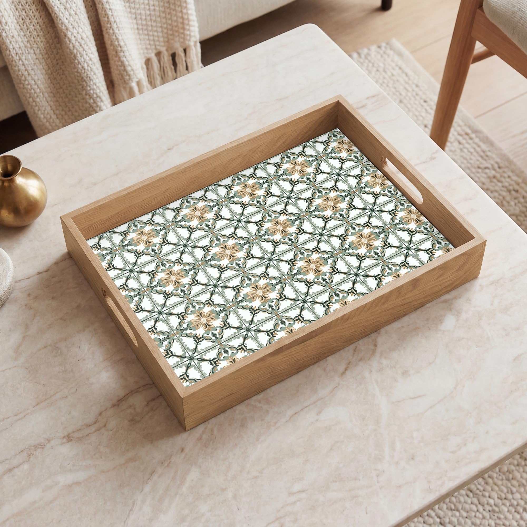 Serviertablett Rechteckig 40x30 cm Servierplatte Eiche Holz Tablett Mit Henkel Tray Kratzfest Kaffeetablett Tabletts Teetablett Blumig - Verwittert - Farbenfroh