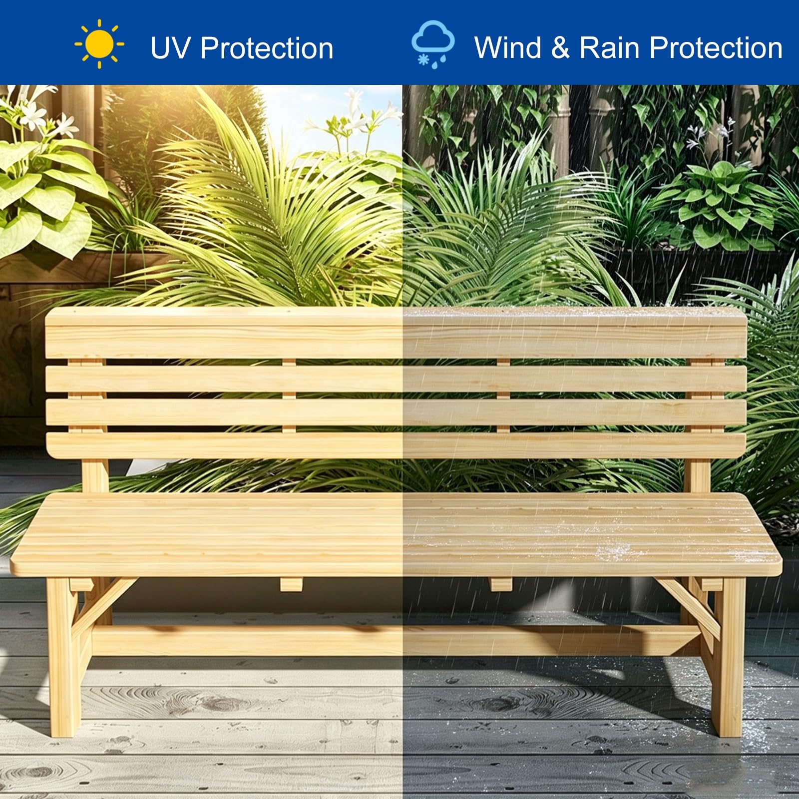 Bank Outdoor aus Massivholz, Wetterfeste Garten Bank mit Rückenlehne, Holzbank für 2-4 Personen, Ideal für Garten Rasen und Park(Beige,80cm)