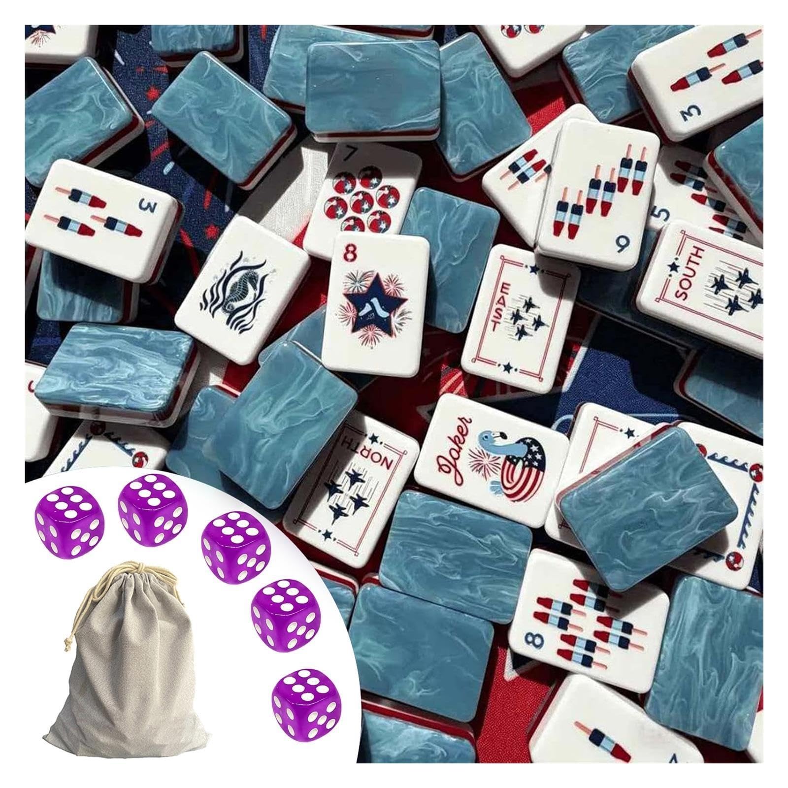 Ensemble de Mahjong en Acrylique à 4 Couches - Jeu américain de 160 tuiles avec Sac et dés(Blue Ripples)