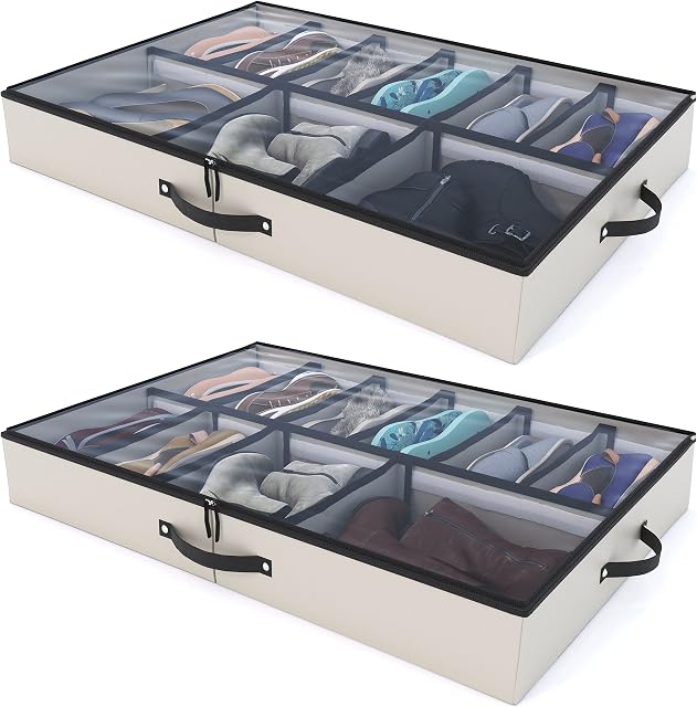 Woffit Under Bed Shoe Storage - Set of 2 Large Underbed Boxes for 12 Pairs of Shoes - Sturdy Organiser w/ Strong Zip & Handles - Beige