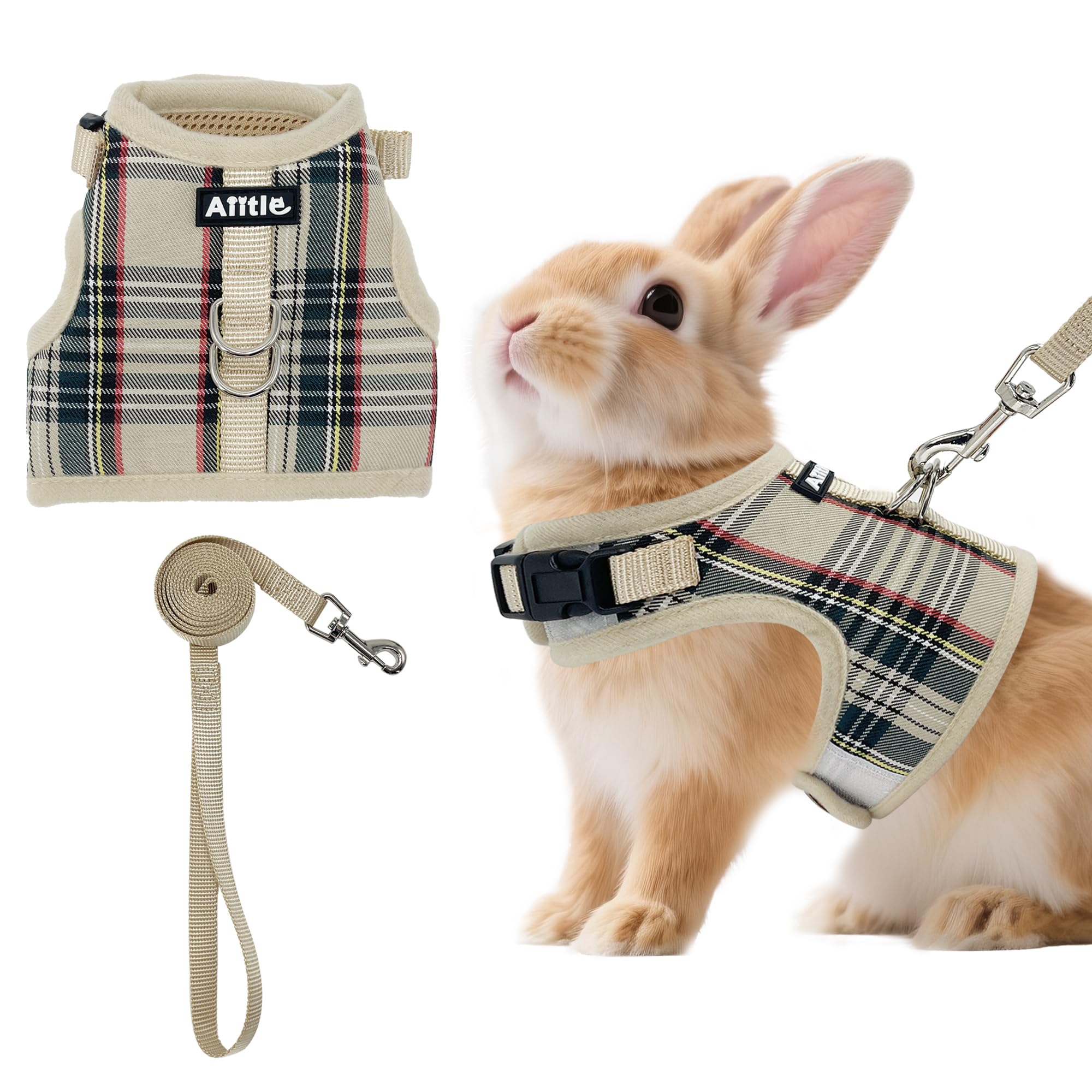 AIITLE Rabbit Harness and Leash, Escape Proof - Fastening, Lightweight Checked Mesh Fabric, No Choke, Suitable for Puppies, Cats and Rats, Outdoor Walks and Runs, Beige S