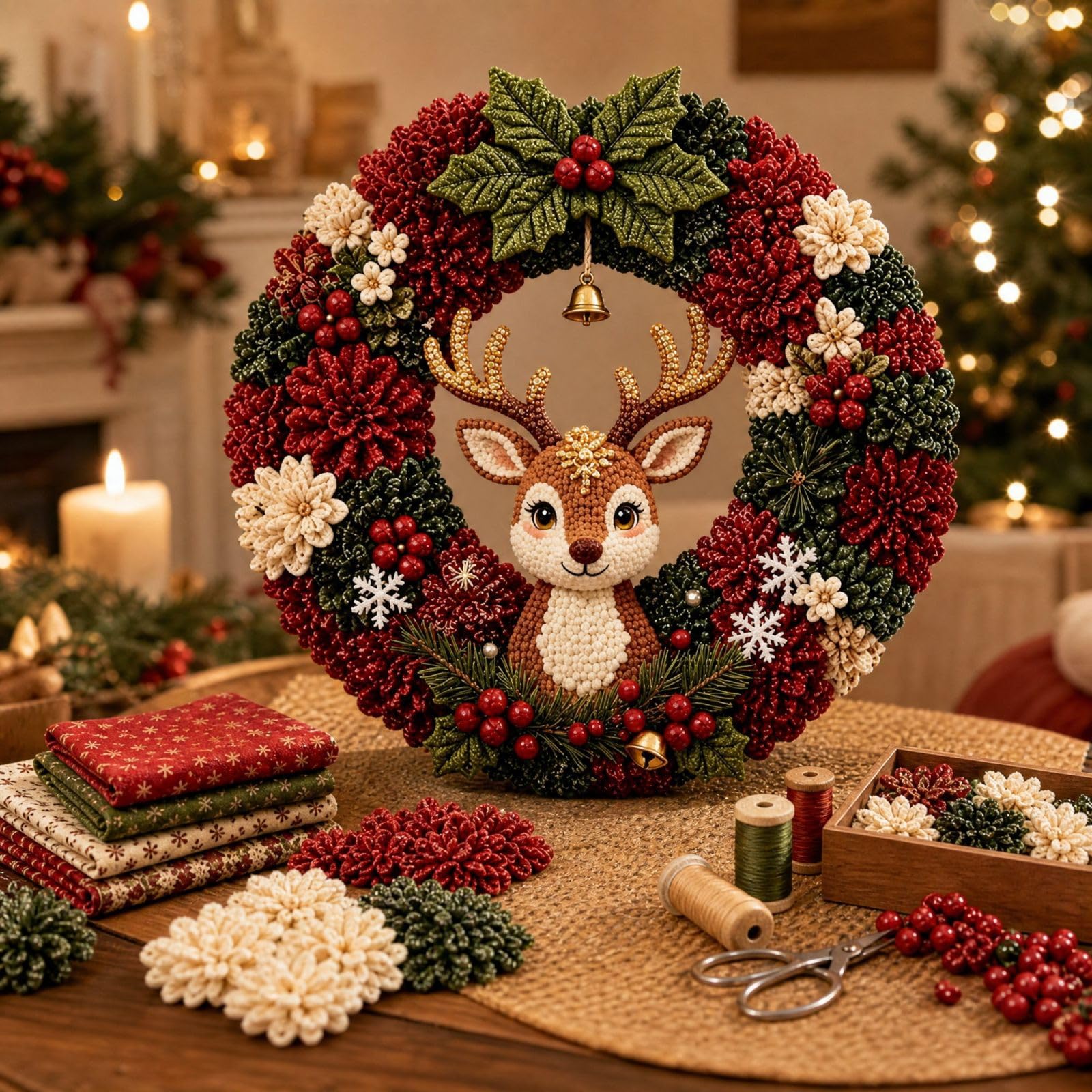 3D Fabric Poke Wreath DIY Kit, Christmas Santa Door Decor Craft (Deer)