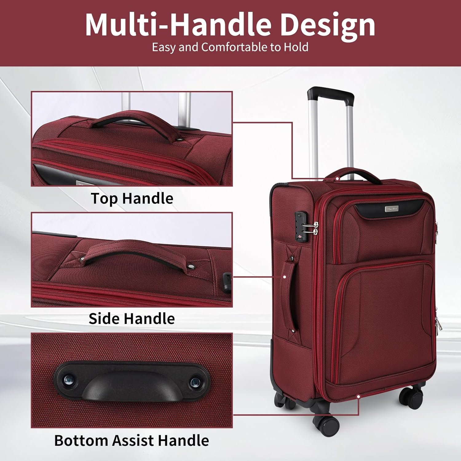 WireHot 3-Piece Softside Expandable Luggage Set with Front Open Pocket, Lightweight and Durable Oxford Fabric Suitcase Set with TSA Lock (Burgundy Wine Red, 20in/24in/28in)