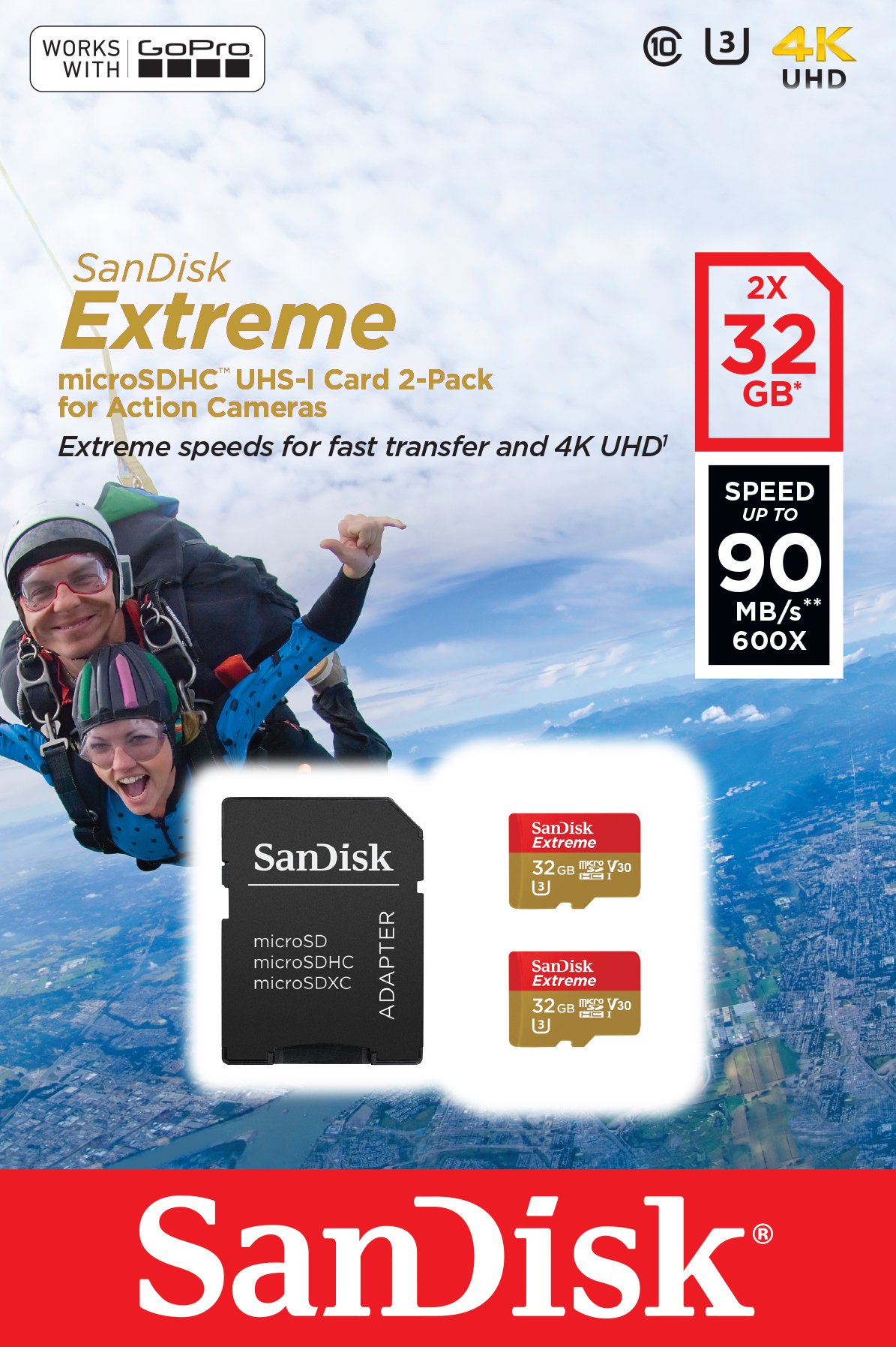 SanDisk Tarjeta de Memoria Extreme microSDHC para cámaras de Deportes de acción de 32 GB, Twin Pack, con hasta 90 MB/s, Class 10 y U3, V30