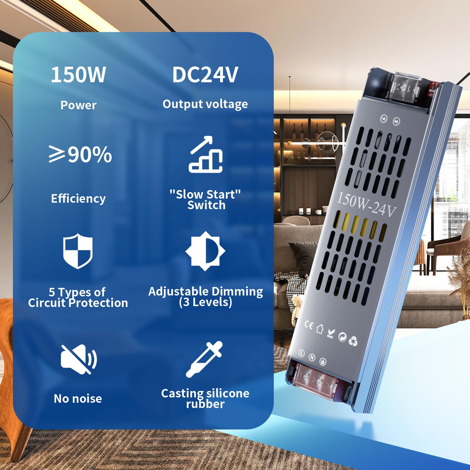 KOSOOM Trasformatore LED DC 24 V 6,3 A dimmerabile, 150 W Trasformatore a bassa tensione con tensione costante DC, con ingresso 220-240 V AC, dotato di 5 modalità di protezione