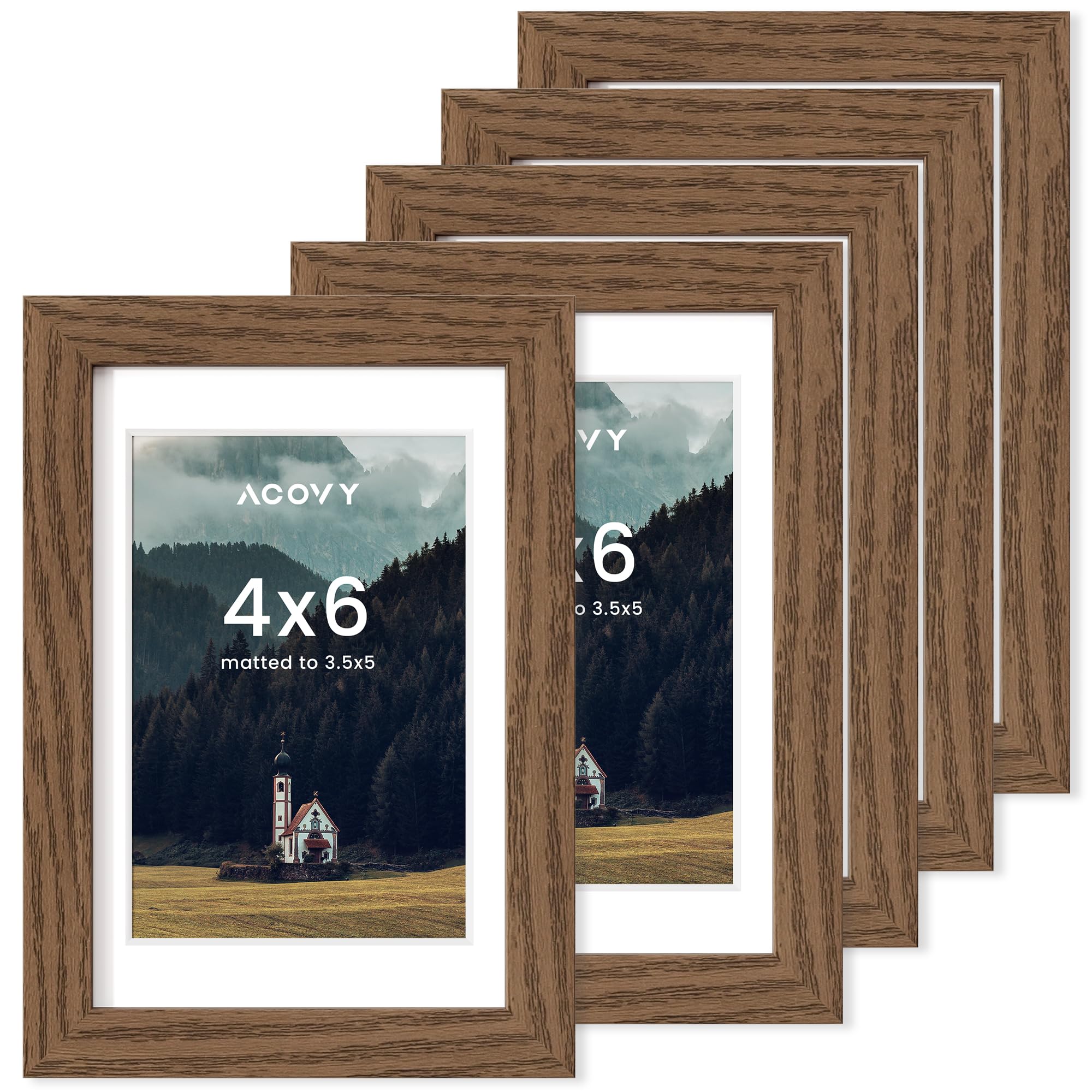 Acovy 4x6 Picture Frames Set of 5, 4 x 6 Photo Frame with Mat for 3.5x5 or 4x6 without Mat, 4"x6" Picture Frame with HD Plexiglass, 4 by 6 Picture Frame for Wall or Tabletop Display, Walnut