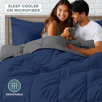 Bare Home Reversible Bed-in-A-Bag Comforter & Sheet Set - Queen - Down Alternative - Soft - Bedding Set (Queen, Dark Blue/Grey, Dark Blue)