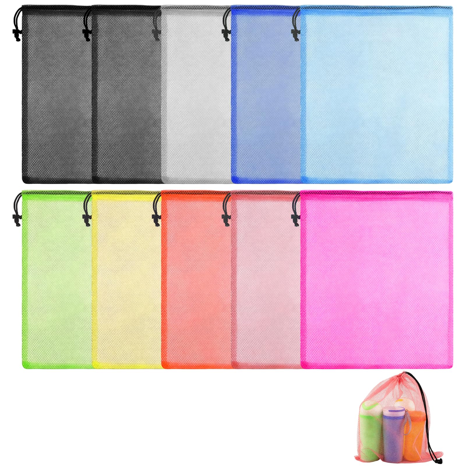 WYRGQIQN 10 Pack Multi-Coloured Drawstring Bags, Lightweight Nylon Mesh Storage Bags with Drawstring Closure, Reusable Gym Bags for Beach, Laundry, Sports Equipment, Toys and Travel Black