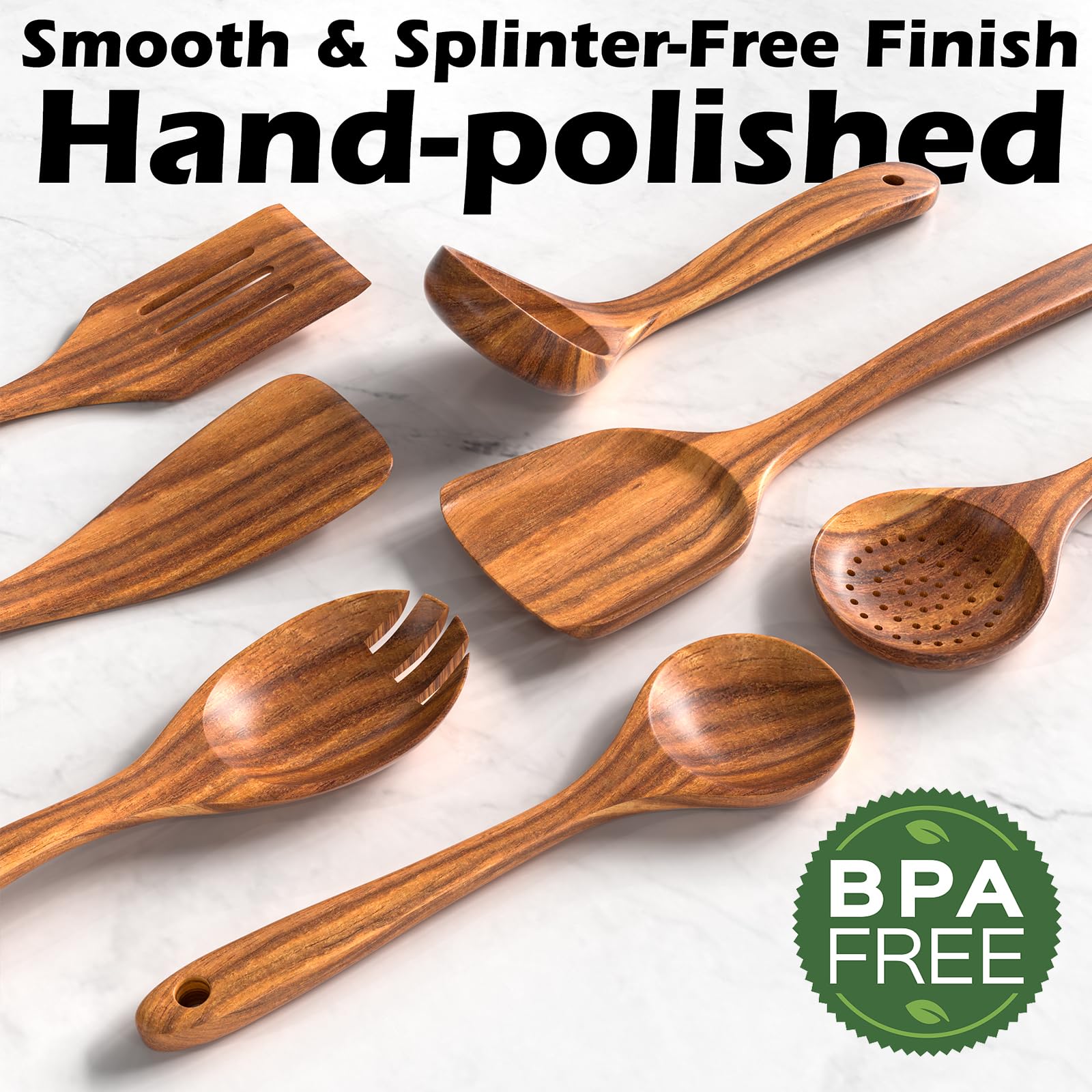 Küchenhelfer-Set aus natürlichem Teakholz, mit Halter, Holzlöffel zum Kochen, 10-teiliges Kochspatel-Set mit Löffelablage, Holzutensilien-Set für antihaftbeschichtetes Kochgeschirr, robust und leicht