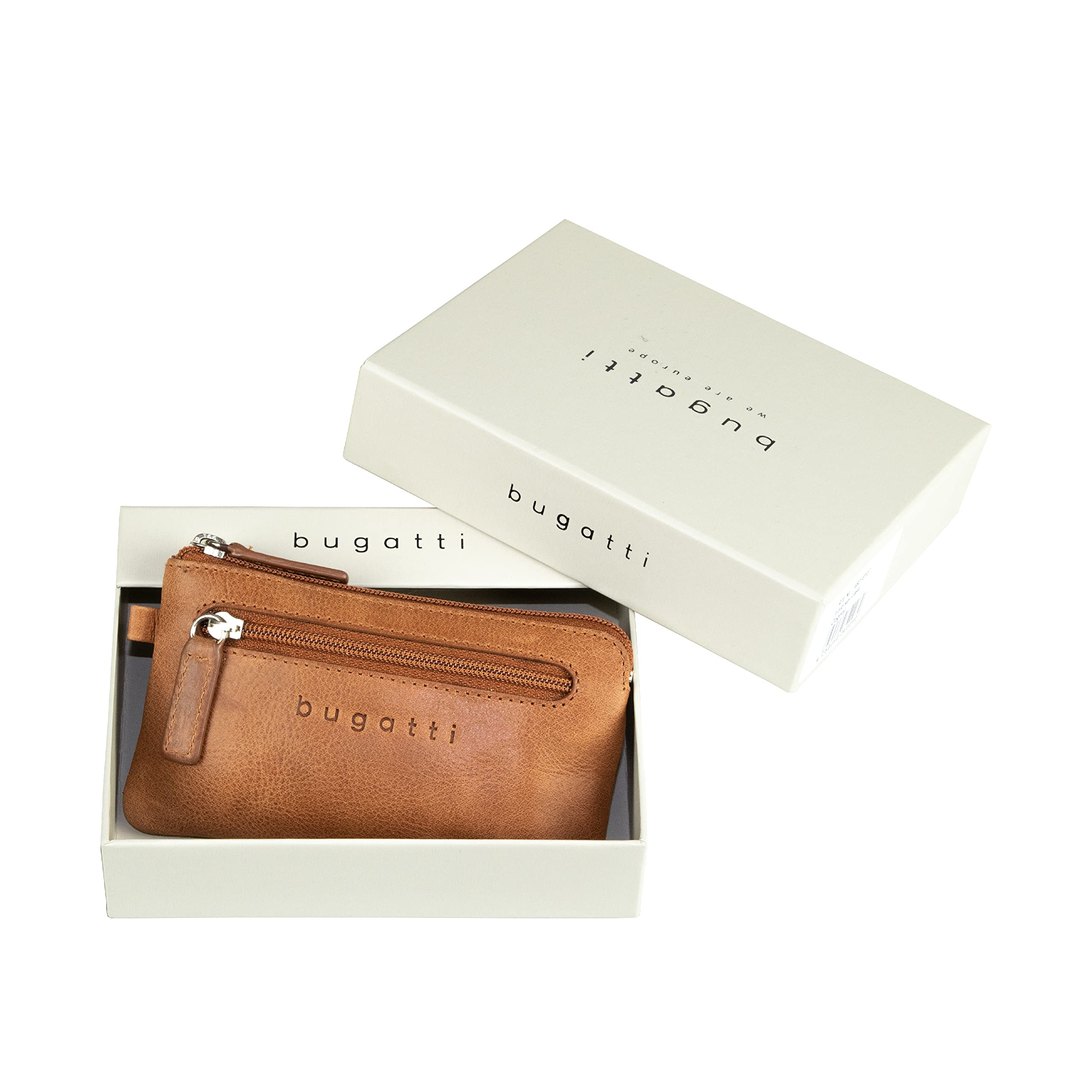 bugatti Volo Porte-clés Cuir avec Compartiment pièces et Anneaux – élégant Coffret Cadeau - Cognac
