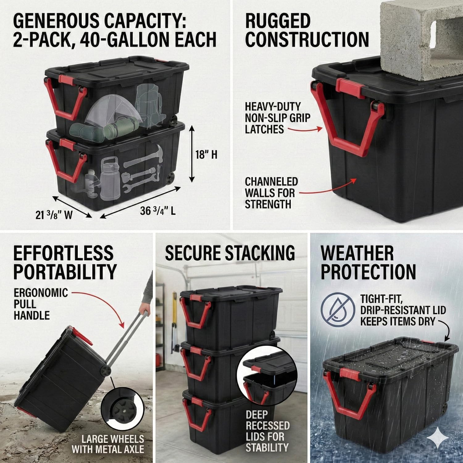 40 Gallon Plastic Storage Box with Wheels and Lids, Stackable Industrial Tote, Pack of 2 (Black)