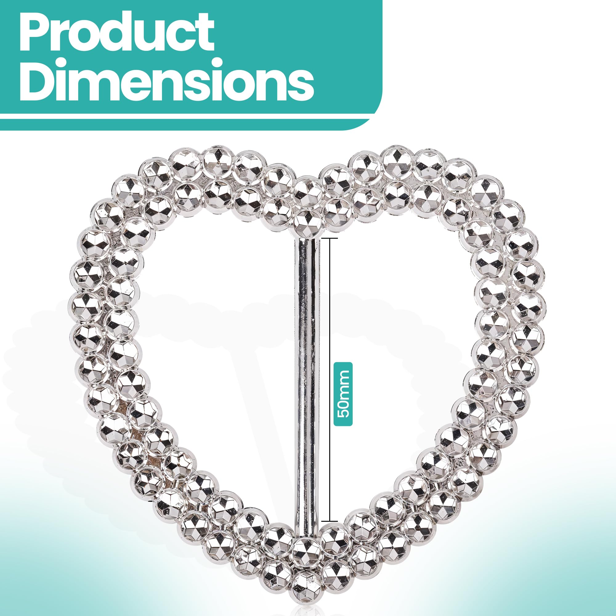 Trimming Shop 50mm Silver Heart Slider Buckle with Sparkling Rhinestone Like Pattern for Chair Band, Accessory, Embellishments, Chair Cover Sashes, Decoration, Arts and Crafts, 50pcs