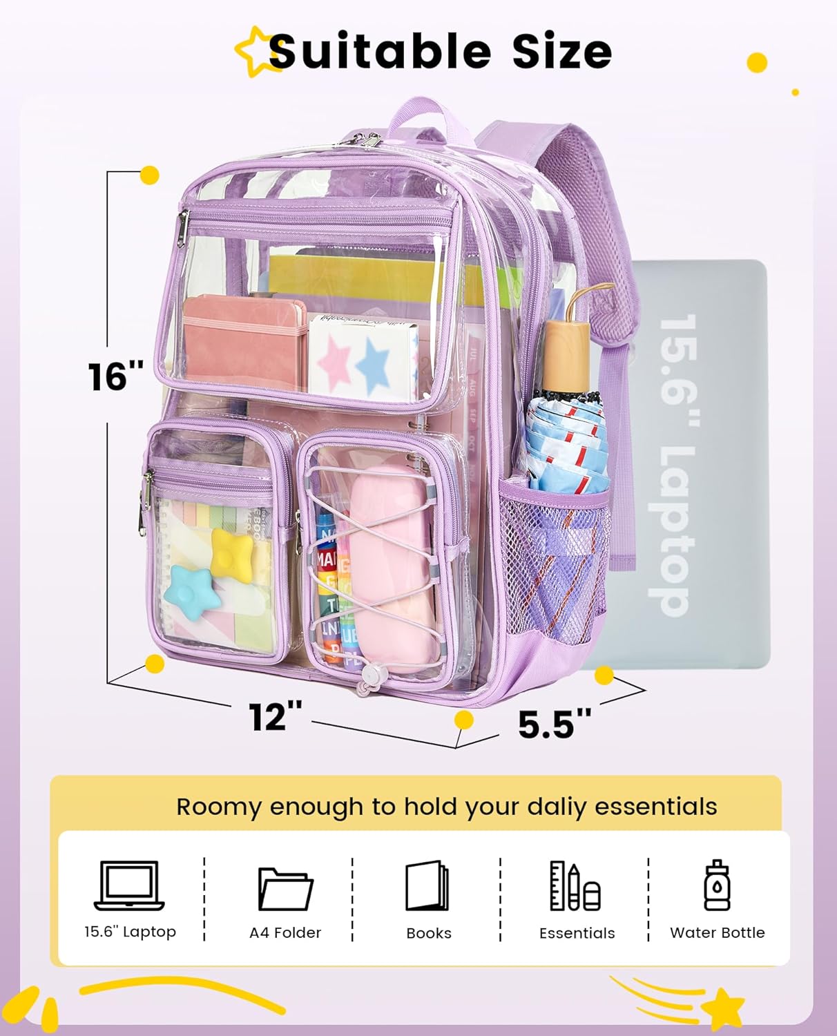 Vorspack Clear Backpack for School - Heavy Duty Clear Bookbag for Girls Boys Large Multi-Pocket See Through Backpacks for Teens, Travel, Work, Festival - Purple
