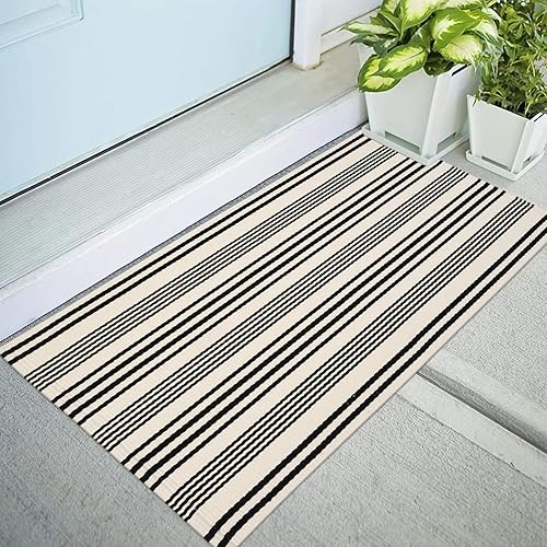 Miniatura 9 de Alfombra de exterior a rayas blancas y negras, 2 x 3 pies, de algodón, moderna, tejida a mano, reversible, para porche, puerta de bienvenida,