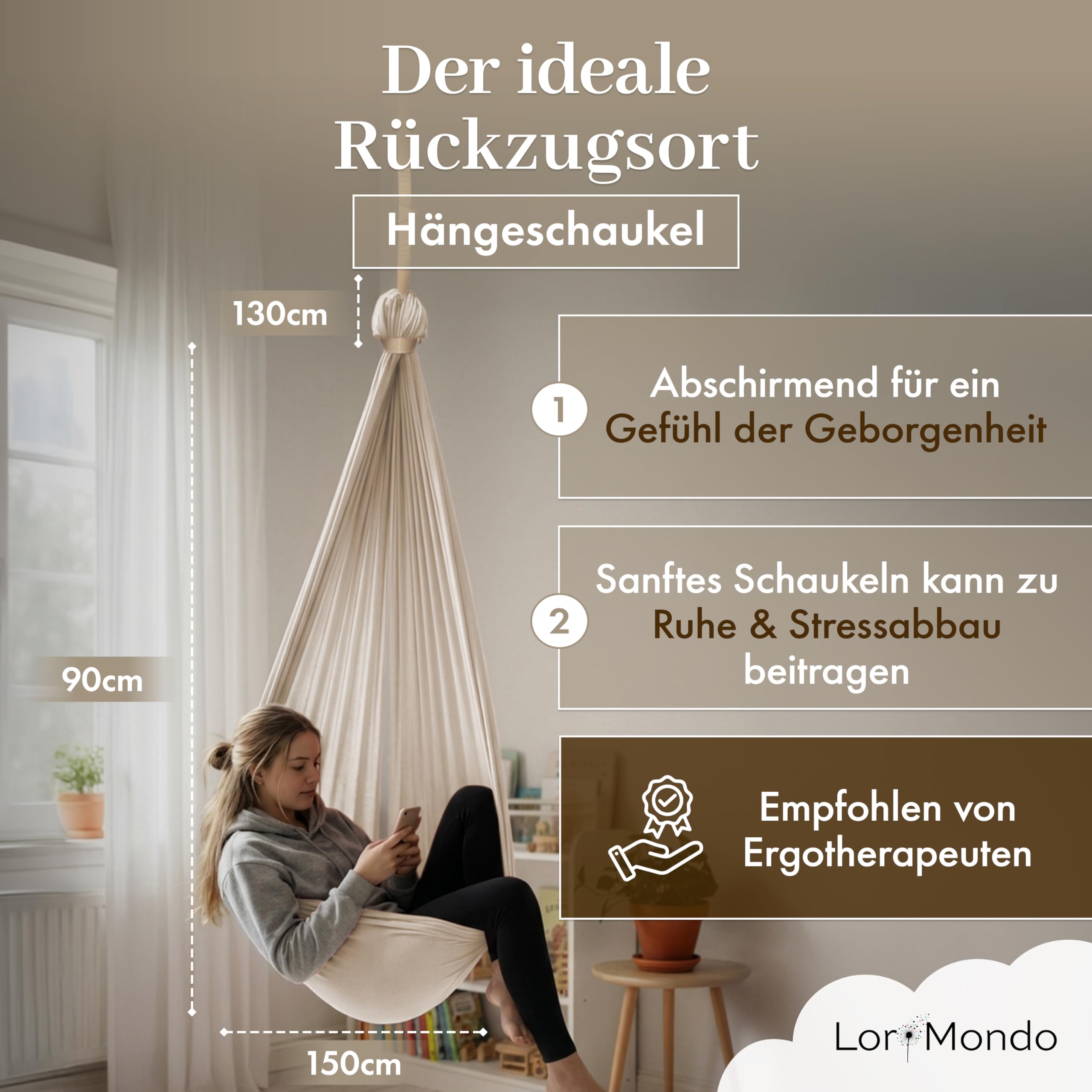 Hängeschaukel – Gemütliche Indoor Schaukel aus Baumwolle für entspannte Momente, inkl. Montageset und Baumwolltasche (Naturbeige) - 3