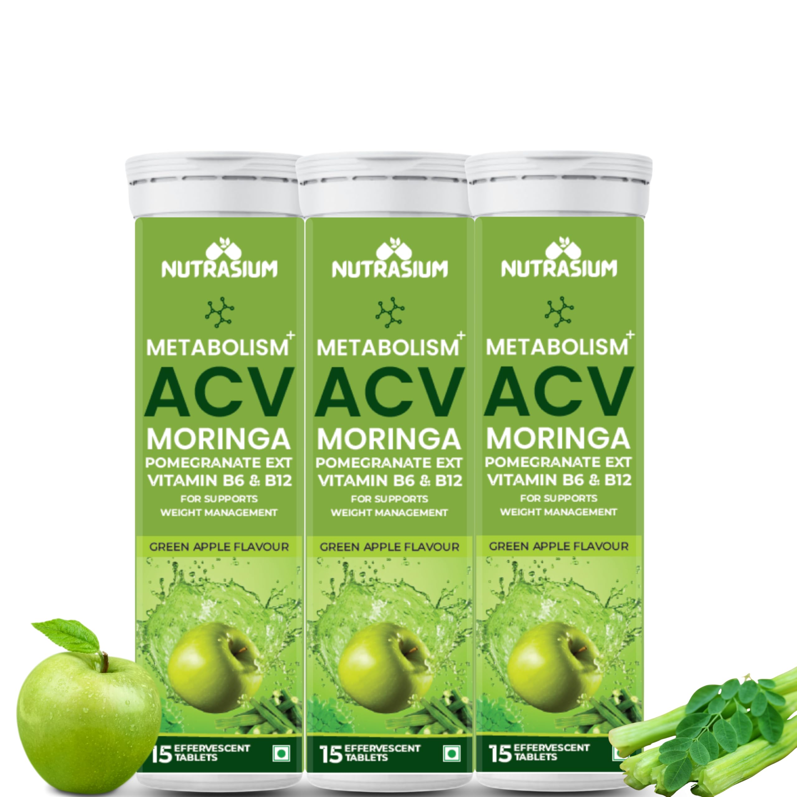 Nutrasium ACV Moringa Metabolism Plus | For Supports Weight Loss, Control Cravings, Convert Fat Into Energy, Boost Energy & Immunity| 45 Tablets Pack Of 3X15